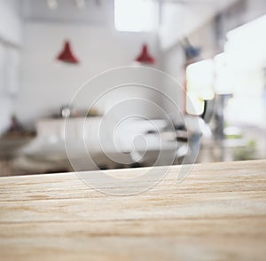 Table top counter bar with blurred kitchen background