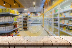 Table top counter with Blur Shelf display interior of Retail shop background