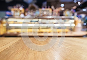 Table Top Counter with Blurred display shelf Bakery Shop photo