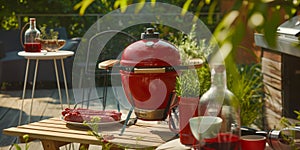 Table top red ceramic BBQ in a garden party setting