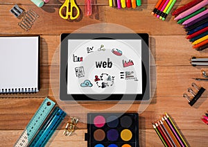 Table top with a tablet with web graphics on the screen