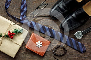 Table top view of accessories men fashion to travel with decorations & ornaments merry Christmas