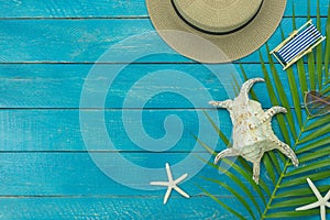 Table top view accessory of clothing women & men  plan to travel in summer holiday background concept.