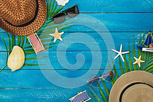 Table top view accessory of clothing women & men  plan to travel in summer holiday background concept.