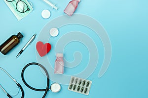 Table top view aerial image of accessories healthcare & medical background concept.