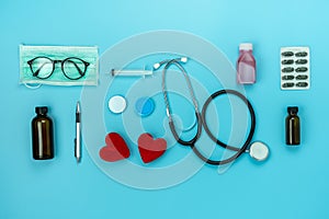 Table top view aerial image of accessories healthcare & medical background concept.