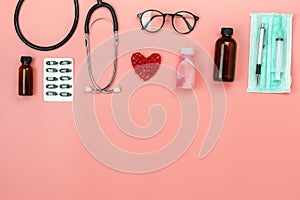 Table top view aerial image of accessories healthcare & medical background concept.