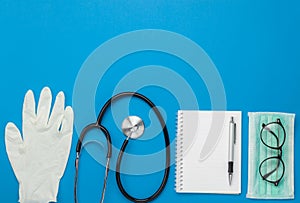 Table top view aerial image of accessories healthcare & medical background concept.