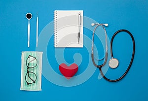 Table top view aerial image of accessories healthcare & medical background concept.