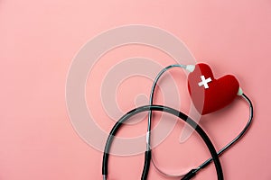 Table top view aerial image of accessories healthcare & medical with Valentines day background concept.Flat lay stethoscope with