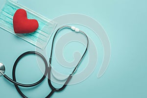 Table top view aerial image of accessories healthcare & medical with Valentines day background concept.Flat lay stethoscope with