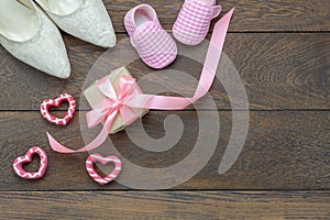 Table top view aerial image of decoration Happy Mothers day holiday or fashion clothing background concept.