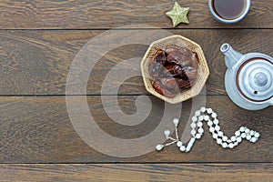 Table top view aerial image of decoration Ramadan Kareem holiday background
