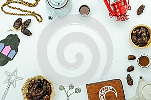 Table top view aerial image of decoration Ramadan Kareem holiday background.