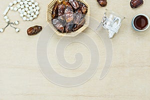 Table top view aerial image of decoration Ramadan Kareem holiday background.