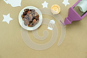 Table top view aerial image of decoration Ramadan Kareem holiday background.