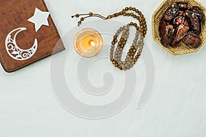 Table top view aerial image of decoration Ramadan Kareem holiday background.