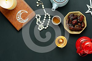 Table top view aerial image of decoration Ramadan Kareem holiday background.