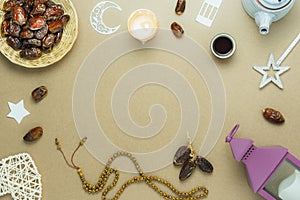 Table top view aerial image of decoration Ramadan Kareem holiday background.Flat lay date with rosary & lighting and cup of tea.