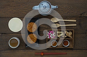 Table top view aerial image of decorations Chinese Moon Festival background concept