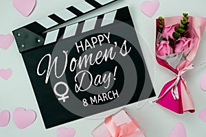 Table top view aerial image of decorations for international women`s day  holiday concept background.Flat lay sign of season the