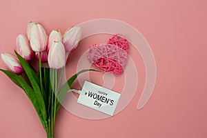 Table top view aerial image of decorations for international women`s day  holiday concept background.Flat lay sign of season the