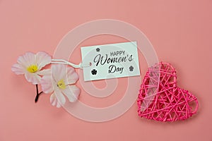 Table top view aerial image of decorations for international women`s day  holiday concept background.Flat lay sign of season the