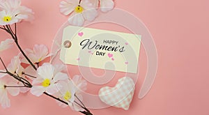 Table top view aerial image of decorations for international women`s day  holiday concept background.Flat lay sign of season the