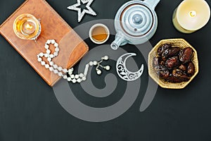 Table top view aerial image of decorations Ramadan Kareem holiday background.