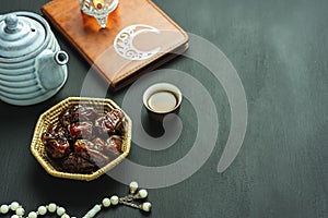 Table top view aerial image of decorations Ramadan Kareem holiday background.