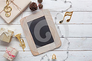 Table top view aerial image of music note & decoration merry Christmas & Happy new year