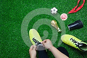 Table top view aerial image soccer or football tournament season background.