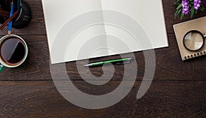 Table top view aerial image stationary on office desk background