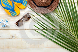 Table top view aerial image of summer & travel beach holiday in the season background concept.