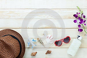 Table top view aerial image of summer & travel beach holiday in the season background concept