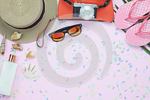 Table top view aerial image of woman clothing for travel beach or sea in summer holiday season background concept