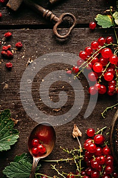 Table top view on a bunch of red currant on a dark wooden table