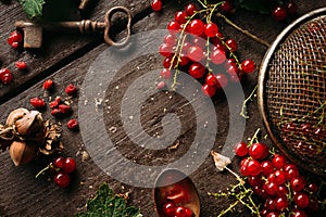 Table top view on a bunch of red currant on a dark wooden table