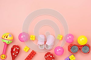 Table top view decoration kid toys for develop background concept.Flat lay accessories baby to play with items child on modern