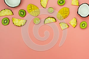 Table top view fruit tropical with spring summer holiday & vacation  background concept.