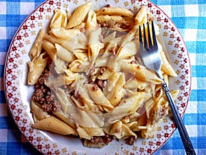 Table top view of Greek Pasta with Minced Beef.