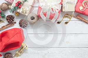 Table top view image of decorations Merry Christmas & Happy New Year background concept.