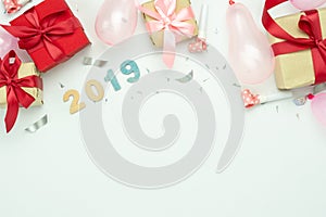Table top view of Merry Christmas decorations & Happy new year 2019 ornaments concept.