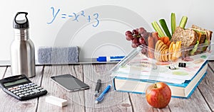 Table top view of a variety of school supplies with a lunch kit and water bottle, against a whiteboard.