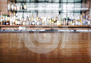 Table top wooden counter with Bar Blurred Background