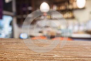 Table top Wooden counter Bar cafe restaurant interior blur background