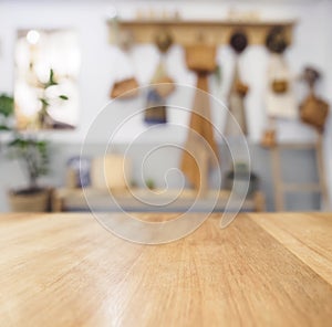 Table top Wooden counter Blurred Kitchen Background photo