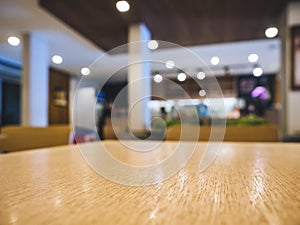 Table top Wooden counter Cafe Restaurant interior Blur background