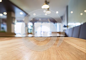 Table top Wooden counter Interior Cafe restaurant Blur background