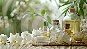 Table Topped With Bottles of Oils and Flowers